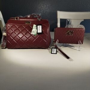 Brand New Badgley Mischka Quilted Burgundy Handbag and Wallet Set